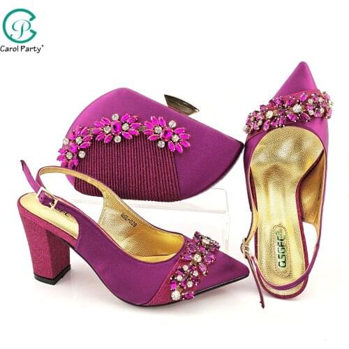 Afrcian 2021 New Arrival Italian Design Magenta Color Party Women Shoes and Bag Set With Special Colorful Crystal Decoration