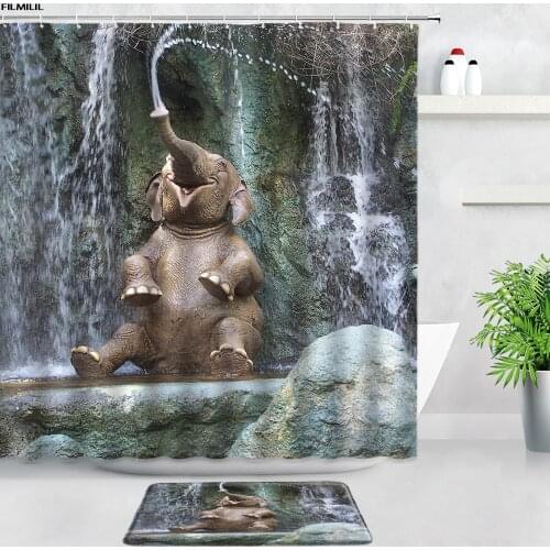 Funny Elephant Shower Curtains Bath Mats Set Waterfall Cute Animal Children Decor Flannel Door Pad Bathroom Rugs Non-slip Carpet
