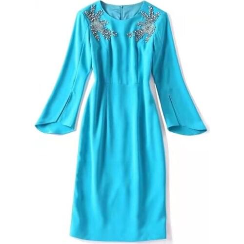 European and American womens wear new autumn 2022 Open the long sleeve fork Nail bead round collar Fashionable slim dress