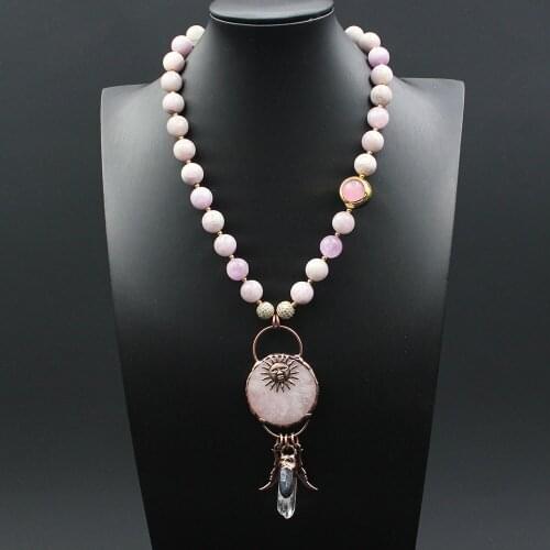 GG Jewelry 12MM Natural Round Purple Kunzite Necklace Cat eye Rose Quartzs Kyanite Vintage Sun Pendant For Women