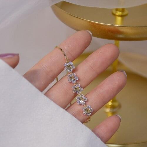 Delicate Zircon CZ Flower Charm Bracelets for Women 14K Real Gold Plated Elegant Crystal Bangles&bracelets