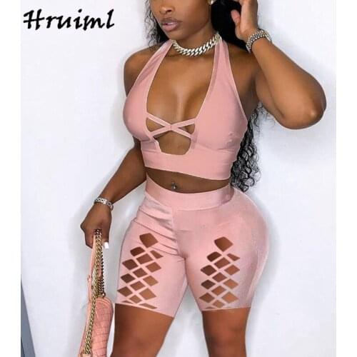 Womens Clothing Summer 2021 Solid Color Strapless Tops Elastic Waist Short Pants Hook Flower Hollow 2 Piece Sets Womens Outfits