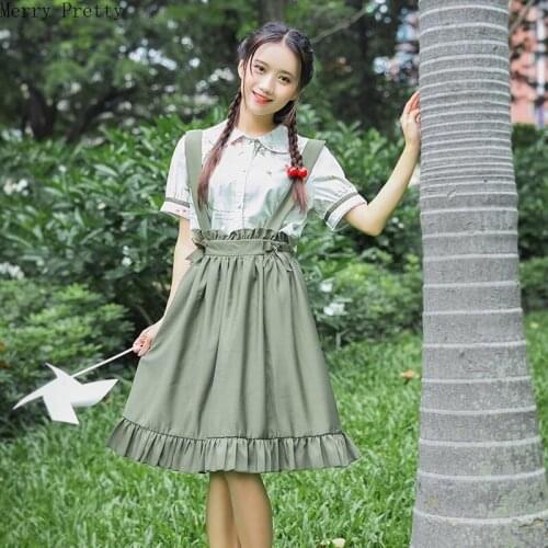 Womens Two Piece Set Peter Pan Collar Short Sleeve Blouse Ruffles Patchwork Mini Strap Pleated Skirt Sweet Style A-line Skirt