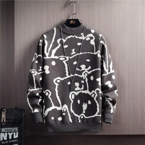 Winter Sweaters Men Casual Round Neck Bear Pattern Retro Mens Pullovers Japanese Style Couple Sweater Cute Men Pullover 2021