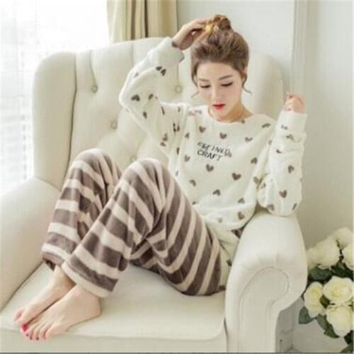 2020 Winter Pajama Women Korean Sleepwear Cute Flannel Pajamas Set Velvet Warm Pijama Round Neck Pyjama Homewear Women