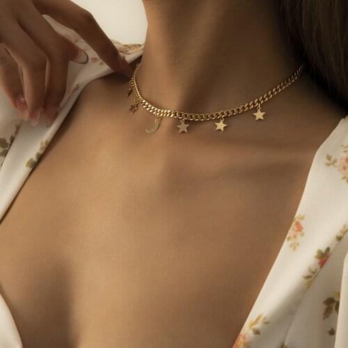 2021 New Fashion Star Moon Tassel Multiple Pendant Necklace Punk Gold Color Short Choker Necklaces Collar for Women Jewelry