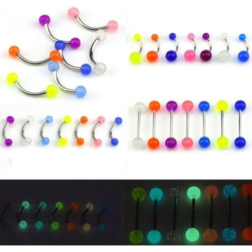 7Pcs Glow In The Dark Luminous Barbell Tongue Rings Body Piercing Jewelry Flexible Nipple Bar Rings Barbell