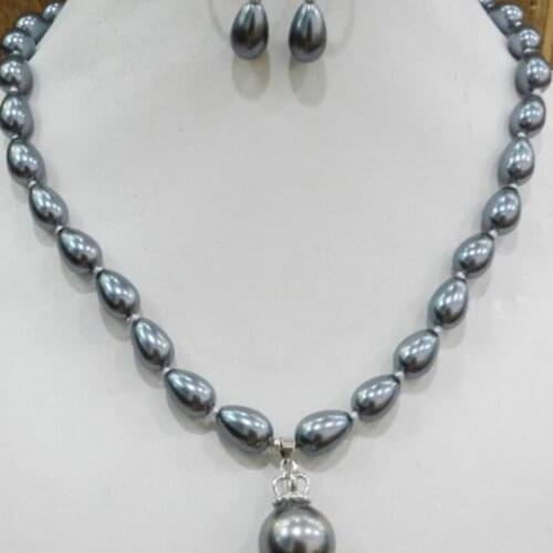 Free shipping >>>>>>Teardrop Dark Gray Akoya Cultured Shell Pearl Necklace Earring & 16mm Pendant