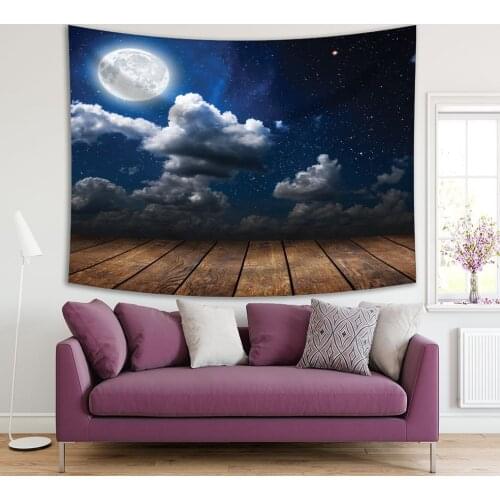 Tapestry Night Sky with Stars Full Moon Clouds Wooden Floor under Moonlight Romantic View Printed