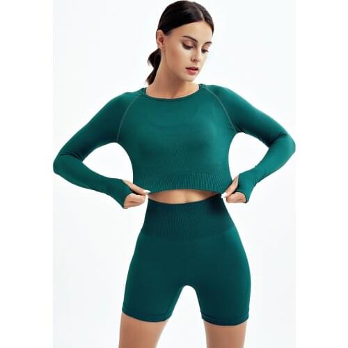 New Women Sports Set Long Sleeve Tracksuits Tight Running Fitness Breathable Knitted Seamless Yoga 2Pcs Wear High Waist Shorts