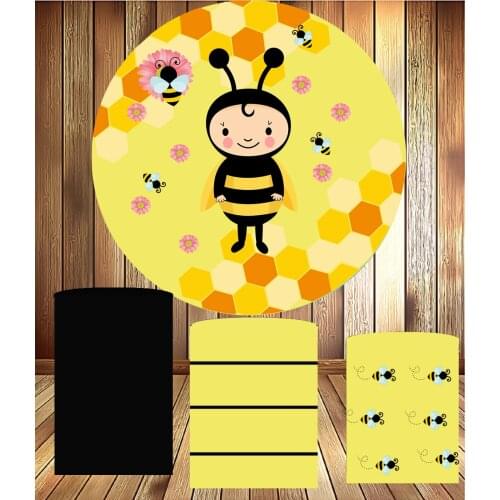 Round circle panel backdrop cute cartoon bee birthday party decor dessert table baby shower fabric 3 cylinder plinth cover