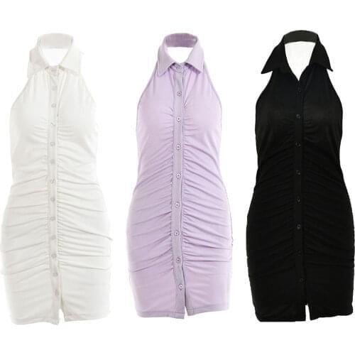 Fashion Halter Neck Ruched Button Bodycon Dress Cocktail Party Club Turn-Down Collar Slim Backless Ribbed Mini Dresses for Women