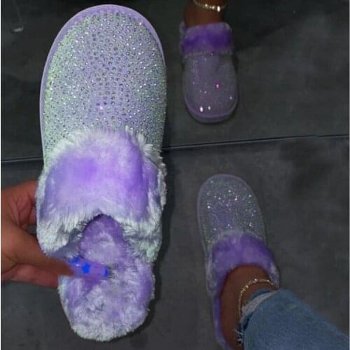 Fashion Plus Size Rhinestone Fluffy Slipper Autumn and Winter New Women winter Slippers Warm Home Cotton Slippers