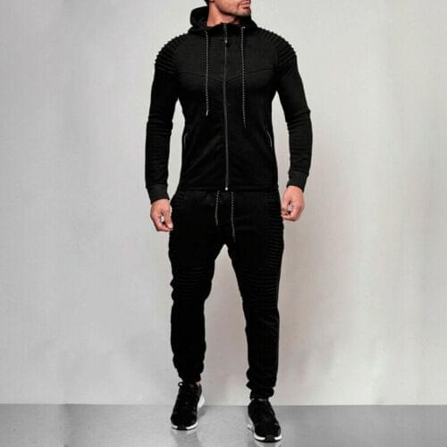 Mens Tracksuit Two Pieces Clothes Set Solid Color Long Sleeve Hoodie with Long Pants Zipper Sweatshirt and Trouser Sport Outfit