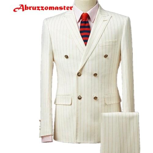 Abruzzomaster Mens Gold Striped Tweed Suits 2 Piece Double Breasted Wedding Groom Custom Made Man Suit Tailor Suit Blazer