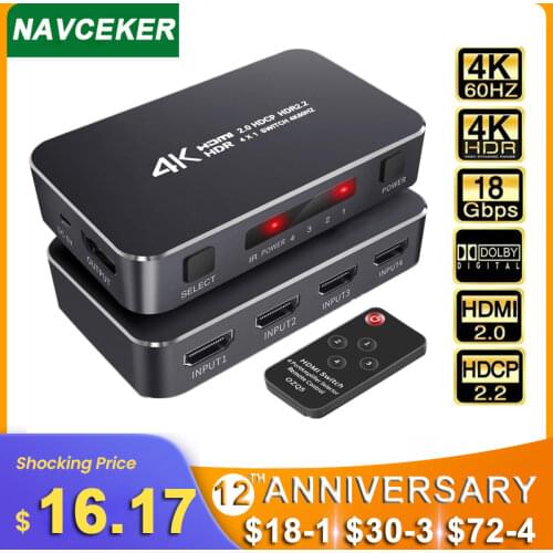 Navceker HDMI 2.0 4K HDMI Switch 1x4 Mini HDMI Switch Switcher HUB Box Support HDCP 2.2 & IR Remote Control HDMI Switch Splitter