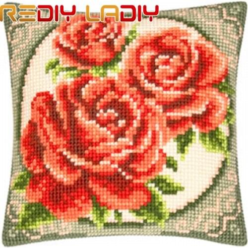 REDIY LADIY Cross Stitch Cushion Cover Chunky Cross-Stitch Kit Flowers Pillow Case Yarn for Embroidery Unfinished Throw Pillows