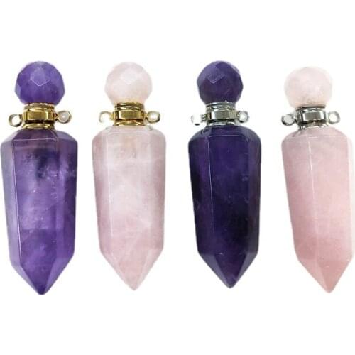 Amethysts Rose Pink Quartz Perfume Bottle Natural Gem stone Pendant Necklace Magical Medicine Vial Essential Oils Diffuser