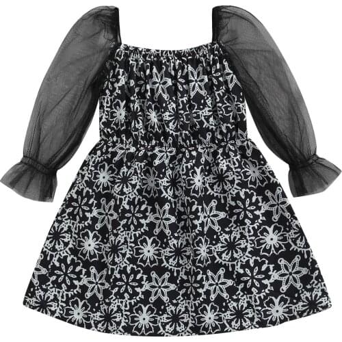 2021 Toddler Casual Fashion A-line Dress, Girls Abstract Print Mesh Puff Sleeve Boat Neck