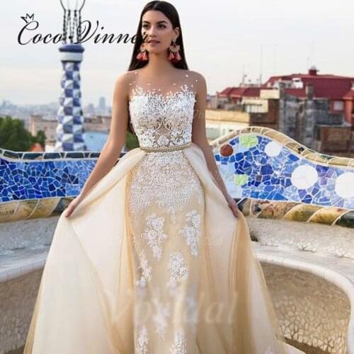 Champagne vestido de novia wedding Gown Quality Arabic Wedding Dress Detachable Tail Bride Mermaid Wedding Dresses W0332