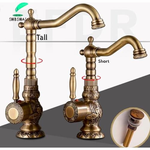 Traditional Antique Brass Basin Faucet Bathroom Hot Cold Mixer Tap Bathroom Brass Washbasin Faucet Single Handle Single Hole
