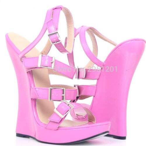 Pink Wedge High Heels Sandals Women 18cm Super High Heel Wedge Sole Platform Sexy Ankle Strap Pumps Unisex Shoes Big Size 36-45