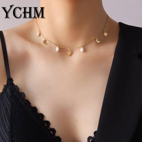YCHM Moon Star Pendant Necklace For Women Pearl Choker Necklaces Gold Color Stainless Steel Lune Choker Woman Jewelry Fashion