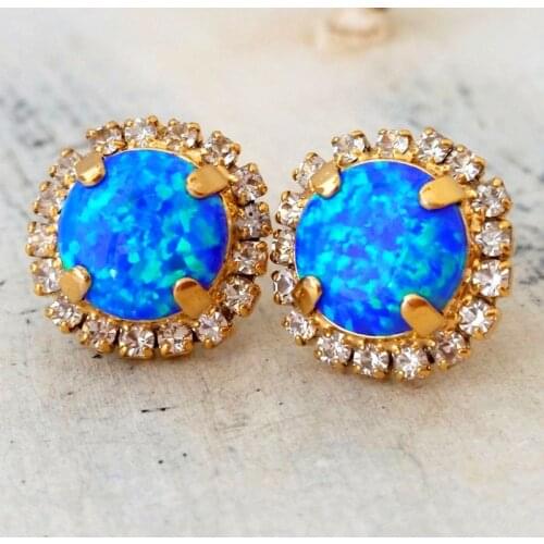 Cute Round White Zircon Wedding Earrings Charm Fashion Gold Color Earrings Female Luxury Blue Opal Stone Stud Earrings For Women