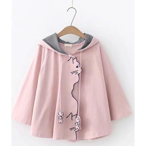Autumn Spring New Cat and Fish Embroidery Cape Harajuku Cloak Cotton Fresh Navy Blue Pink Hoodies for Young Girls Students