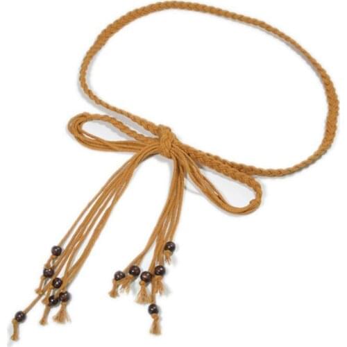 Women Belt Bohemia High Quality Braided Beads Thin Skinny Waist Rope Belt Self-Tie Waistband