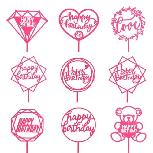 Glod Pink Acrylic Cake Desert Topper Happy Birthday Party Cake Insert Flags Decoration For Girls Baby Gifts Favor Party Supplies