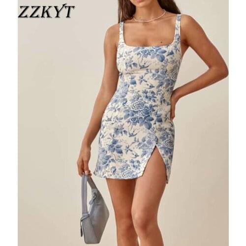ZZKYT 2021 Women Summer Vintage Floral Print Split Mini Dress Fashion Square Collar Sleeveless Backless Female Dresses Vestido