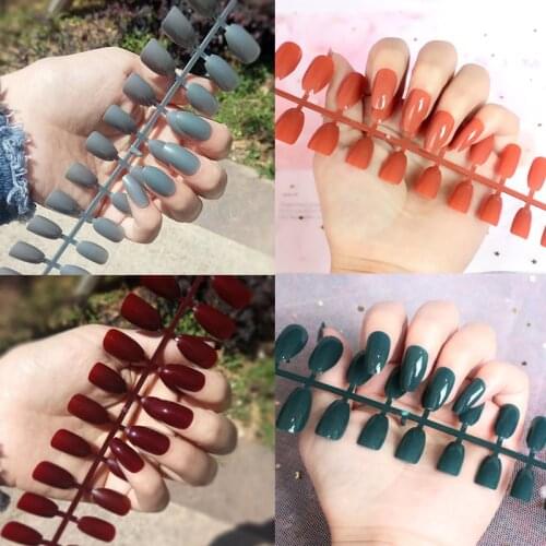 33 Colors UV Gel Glue Long Coffin Fake Nails Reusable Fashion Solid Color Full Cover Ballerina False Nails with Glue Sticker