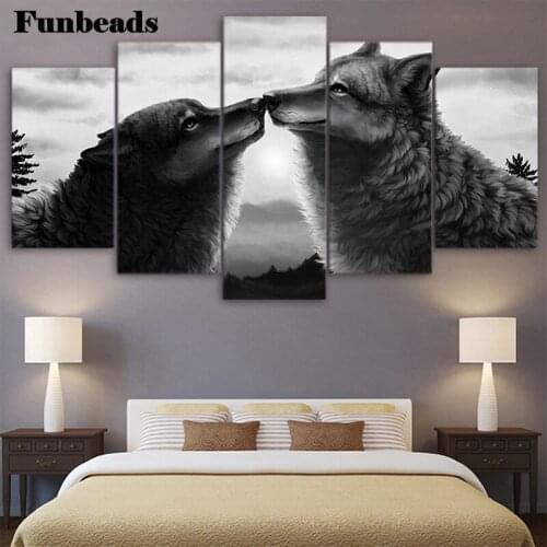 5pcs diy Diamond Painting Black and white animal art, wolf companion diamond mosaic full square drill diamond embroidery FF3954