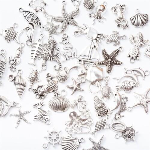 50Pcs Mixed Size Tibetan Silver Color Seashell Starfish Sea Charms Zinc Alloy Pendant For DIY Bracelet Necklace Jewelry Making