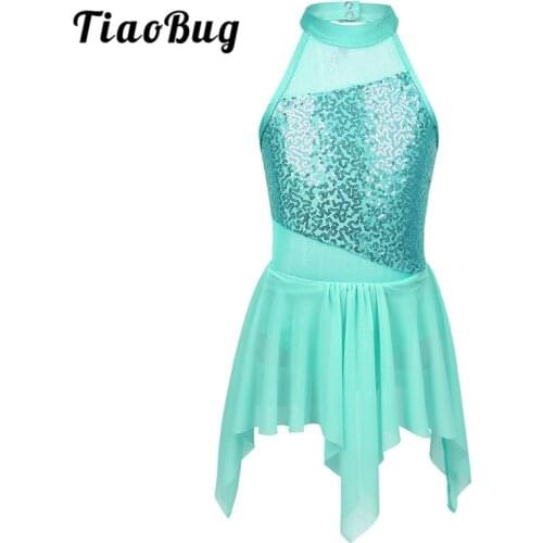 TiaoBug Kids Teens Sequins Ballet Leotard Children Girls Ballet Tutu Irregular Dress Figure Skating Stage Lyrical Dance Costumes