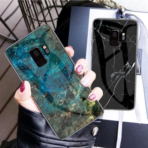 For Samsung Galaxy S9 S8 Plus Case Slim Marble Pattern Tempered Glass Back Shell Silicone TPU Soft Edge Mobile Phone Case Cover
