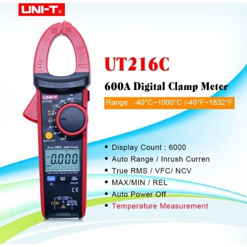 UNI-T UT216C Digital Clamp Meters True RMS 600A NCV V.F.C Diode LCD Work Light Temperature Test AC DC Auto Range Multimeters