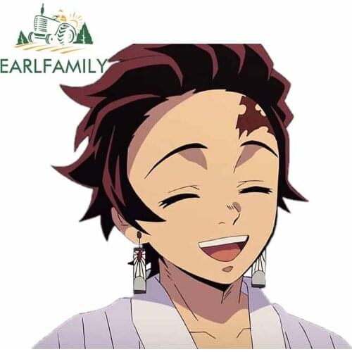 EARLFAMILY 13cm x 12.4cm Demon Slayer Tanjiro Head Car Stickers Funny Anime Decal Door Windows Car Assessoires Occlusion Scratch