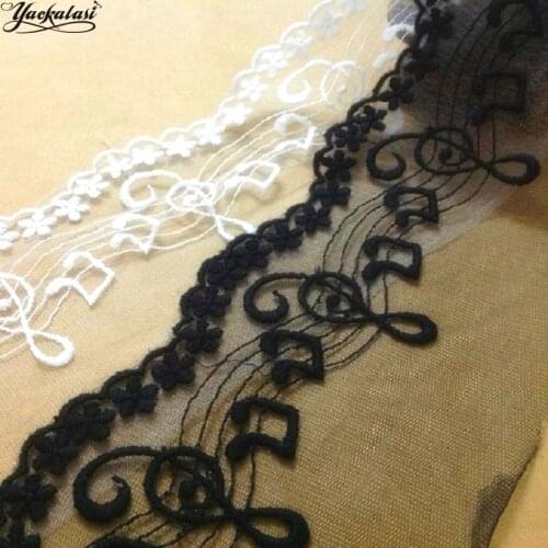 YACKALASI Cotton Embroidered Appliqued Music Notes 3D Flower Soft Tulle Fabrics Scalloped Sewing Apparel Trims 7CM