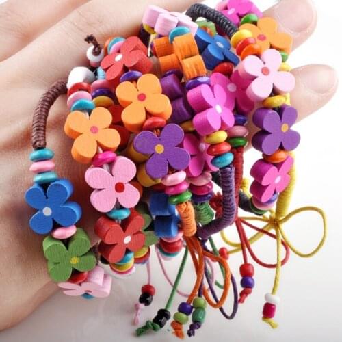Imixlot Wholesale10Pcs/Lots Colorful Wooden Flower Beads Bracelets for Women Kids Wristband Braided Bracelets Children Jewelry