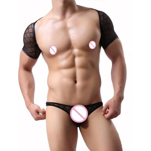 Sexy Men Clothes Set Mesh Shirt Bare Breast Muscle Elastic Body Shoulder Harness Undershirt Men Mini Briefs Underpants Underwear