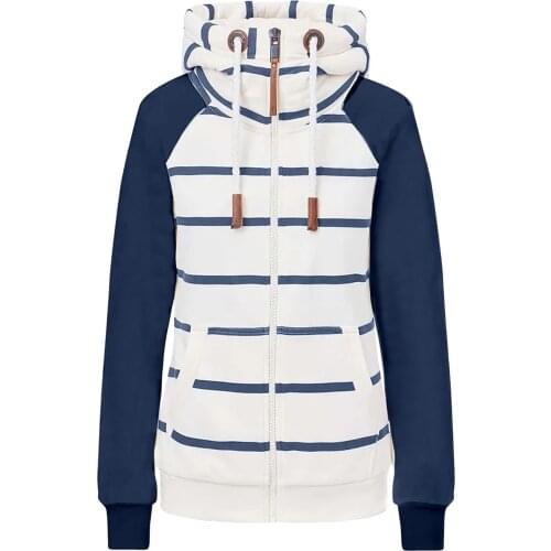 Women Hooded Jackets Sweatshirts Fashion Casual Stripe Print Zipper Long Sleeve Pocket Loose Coat Hip Hop Streetwear