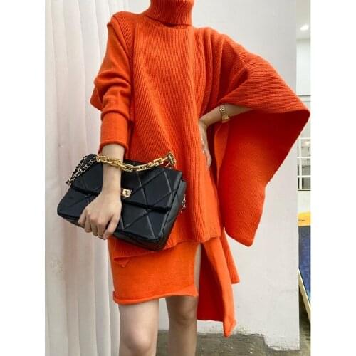 Autumn Elegant Womens Knitted Dress Suit Set Winter Ladies Solid Two-Piece Set Fashion Loose Irregular Turtleneck Cloak Sweater