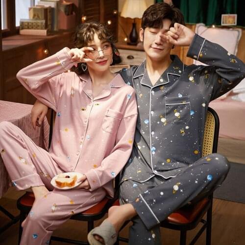 Cute Starry Sky Pattern Couple Winter Pajamas Set Cotton Long Sleeve Homewear Loose Turn-down Collar Men Sleepwear Women Pajamas
