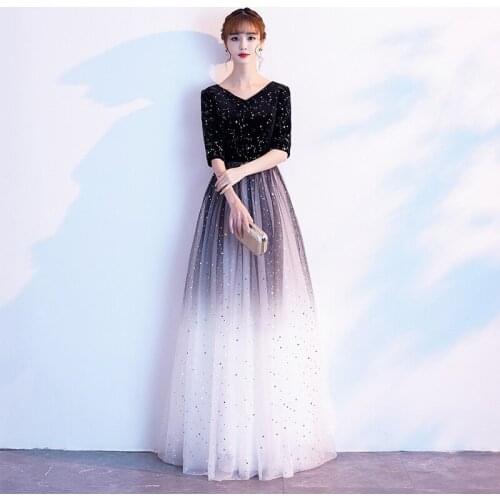Special Occasion Dresses Illusion V-Neck Half Sashes Sequined Lace Tulle Luxury Black A-Line Zipper Vintage Lady Prom Gown E1034