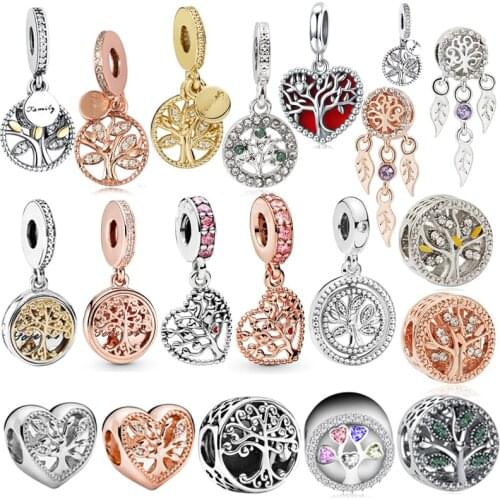 Fit Original Pandora Charms Bracelet Women Rose Gold Silver Color Family Life Tree Beads for Jewelry Making DIY CZ Heart Pendant