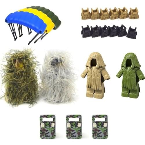 PUBG Military Accessories bricks Swat Weapon Soldier Figures Ghillie Suits parachute WW2 Army MOC Parts Building Block