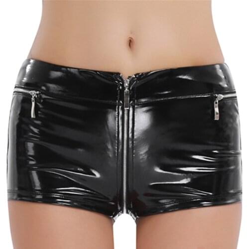 High Quality Wet Look Patent Leather Shorts Womens High-Waisted Front Zip Up Booty Shorts HotPants for Night Party Clubwear
