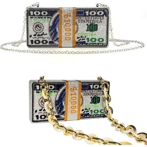 Stack of Cash Rich Dollars Clutch Purses for Women Evening Bags Party Cocktail Rhinestone Handbags Wedding Dinner Bag